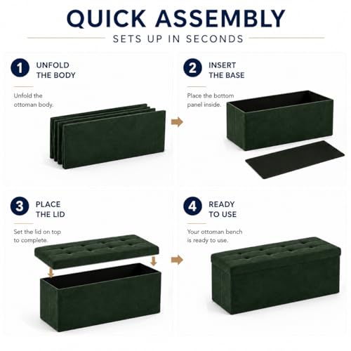Image of ALASDO 43 Inch Folding Storage Ottoman Bench with Hidden Storage, Velvet Storage Ottoman Foot Rest Stool, End of Bed Bench for Bedroom, Living Room, Entryway and Closet, Dark Green