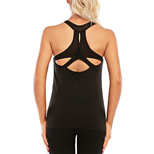 Image of Women's Padded Sports Bra Removable Strappy Longline Yoga Tank Top Workout Crop Criss Cross Back Fitness Top, Deep Black No Bra, Small