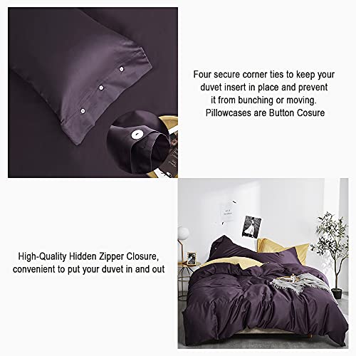 Image of EAVD Solid Color Dark Purple Duvet Cover Queen Soft 100% Cotton Purple Bedding with 2 Button Pillowcases Luxury Modern Style Purple Comforter Set with Zipper Closure(NO Comforter)