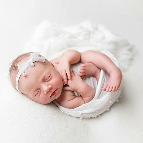 Image of M&G House Newborn Photography Props Wrap Handmade Pearl Decor Wrap Blanket for Baby Photo Props 35.5 X 67 Inch Newborn Photo Shoot Outfits Wraps Baby Photoshoot Props(White)