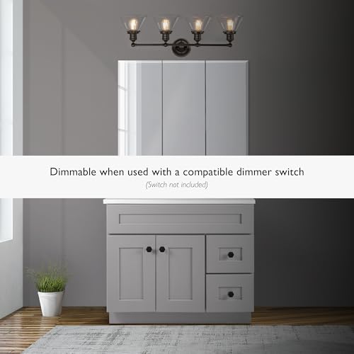 Image of Design House Augustin Vanity Light, 4-Light, Seeded Glass Warm Glow, Dimmable, Up /Down Glow, Easy Installation, E26 Socket, Black, 34.9 in L x 8.3 in D x 11.1 in H, 589044-BLK