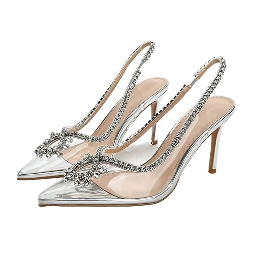 Transparent Straight Line with High Heels Sandals, Hollow Toe High Heels for Women, Thin Heeled Pointed Toe, Sizes 5-10(Silver,7)