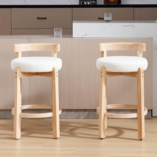 Image of CIMOTA 26.5 inch Counter Height Bar Stools Set of 6 | Mid Century Modern Low Back Bar Chairs with Solid Wood Legs & Sherpa Upholstered Seat, Kitchen Island Stools, White