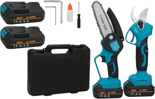 Kit Potatura Elettrico 2 in 1, 2 anni di Garanzia, Doppia Batteria 48V, Forbici, Motosega 6 Pollici, Cesoie E Mini Motosega Elettriche per Potatura Giardino Rami Arbusti Vigneto