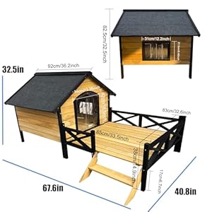 Large Wooden Dog House Outdoor with Porch, 67” Outside Dog Kennel with Weather-Resistance Roof and PVC Curtain, Wood Pet House Used Indoor Outdoor for Small Medium Dogs Cats Pets