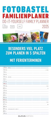 Alpha Edition - Foto-Bastel-Familienplaner 2025 Bastelkalender, 19,5x45cm, Wandkalender mit 5 Spalten für Termine, Mondphasen, Ferientermine DE/AT/CH und deutsches Kalendarium