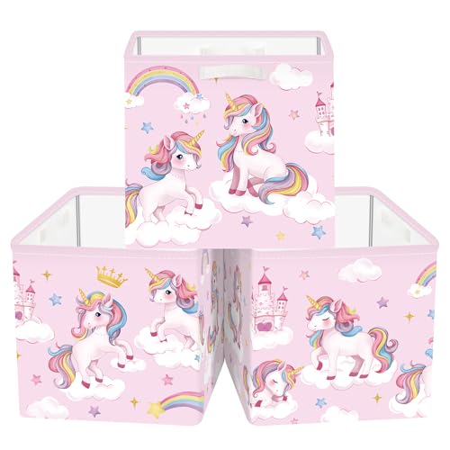 Clastyle Juego de 3 Caja Almacenaje Tela Unicornio Cestas Almacenaje Ropa Padres y Madres para Juguetes Cestas Organizadoras Plegable para Armarios, Corona, 30x30x30 cm
