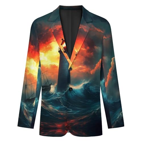 Lighthouse Stormy Wave Mens Suit Jacket Lapel Blazers V Neck Button Business Coat Tuxedo for Wedding Party4