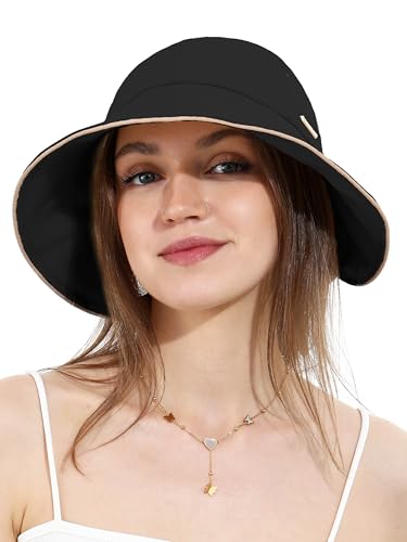Image of soul young Women Sun Bucket Hat Ponytail Hole with Bow Tie Waterproof(One Size,Black)