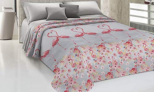 Homelife Colcha Fina de Verano y Primavera para Cama de 150 cm | Edredón Estampado con Flamencos Fabricado en Italia | Ligera Colcha Cubrecama de Algodón para Cama de Matrimonio | Gris, 260x280
