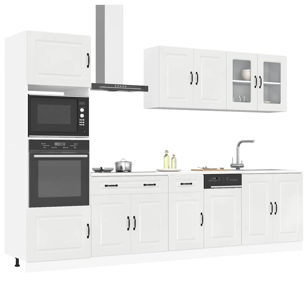 Kalmar - Set di 7 mobili da cucina in legno bianco lucido, con ampio spazio per riporre oggetti, piedi regolabili, autoportante, con mobiletto basso