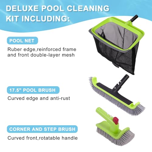 Sepetrel Deluxe Swimming Pool Cleaning Kit Including Rubber Edge Pool Skimmer Net,17.5\" Pool Brush Head & Hand Scrub Brush(NO Pole)
