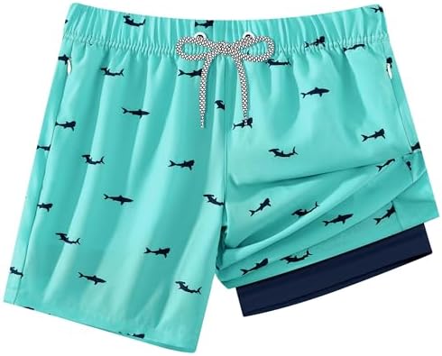 APTRO Boys Swim Trunks with Zipper Pockets & Compression Liner Quick Dry 2 in 1 Beach Shorts, Fish Green, 8-10 Years