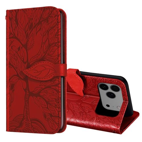 Étui en cuir iPhone 16 Pro Max rouge avec motif arbre gravé élégant