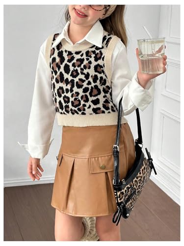 WDIRARA Girl's Leopard Sweater Vests Crew Neck Sleeveless Knit Tank Tops4