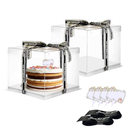 Vebetter 2pcs Boite a Gateau Transparente Boite Layer Cake Boite de Transport Gateau 26 x 26cm Réutilisable Boîte à Gâteaux en Plastique avec Ruban pour Gateau et Présentoir à Dessert, 8 inch.