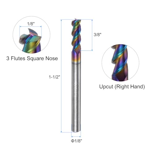 Image of uxcell Carbide Square End Mill, 1 /8 inch Diameter Diamond-Like Carbon Coated 3 Flutes Milling Bit Cutter, for Aluminum Copper Non-Ferrous Metal, 1 /8 inch Shank 3 /8 inch Cut Length 1-1 /2 inch Long HRC50