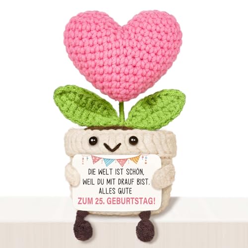 Giftasy Geschenke zum 25 Geburtstag - Handgemachte gehäkelte Herzblume mit Energiekarte 25 Geburtstag Frau Mann