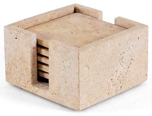 SPESHSTONES Juego de 6 posavasos de mármol hechos a mano de 3.5 pulgadas cuadrados de travertino para bebidas con soporte, posavasos de piedra ideales para accesorios de cafetería, mesa de comedor y