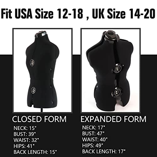 Pdm Worldwide Black Dress Form Female Mannequin Torso With Adjustable 13 Dials, Pinnable Model For Body Sewing, Detachable Metal Rolling Base, 42.5"-60" Adjustable Height For Clothing Display, Medium #TOP1