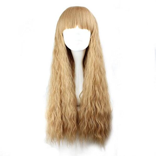 70Cm / 28" Long Curly Light Brown Synthetic Hair With Bangs Corn Rolls Cosplay Wig For Women Party Daily/Free Wig Cap #TOP11