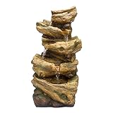 Alpine Corporation TZL226 Outdoor 4 Tier Log Tree Trunk Waterfall Floor Fountain with LED Lights, Tiered Garden Décor, 24' H, Brown