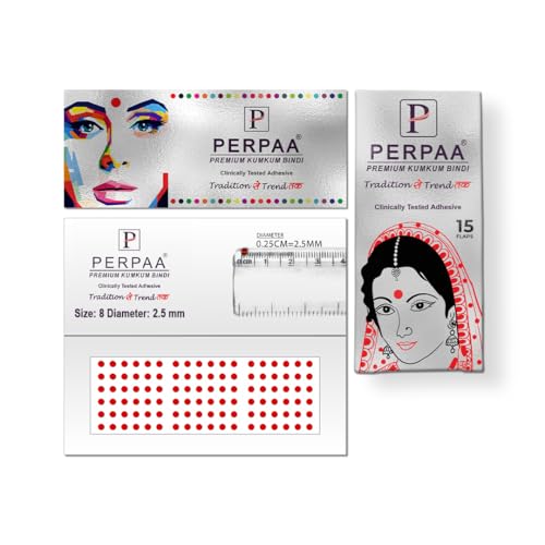 Image of PERPAA Premium Velvet Sticker Kumkum Bindi Box of 15 Flaps - Pottu for Women,Ladies, Girls (Size 8, Diameter 2.5mm, Red)