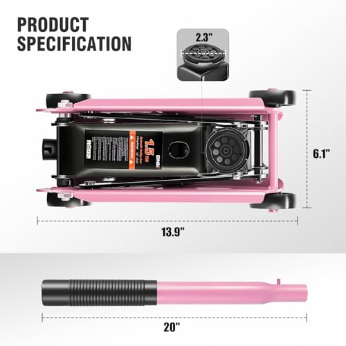 Image of DNA Motoring Low Profile Hydraulic Trolley Service /Floor Jack, 1.5 Ton (3000 lbs) Capacity, Lifting Range 5.5 inch-15.35 inch, Pink, TOOLS-00675-PK