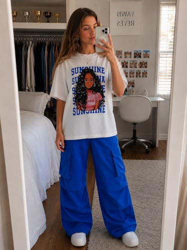 Image of Tween Girls Clothes Short Sleeve Graphic T-Shirt Top + Cargo Pants 2pcs Outfit Set, Size 7-15Years