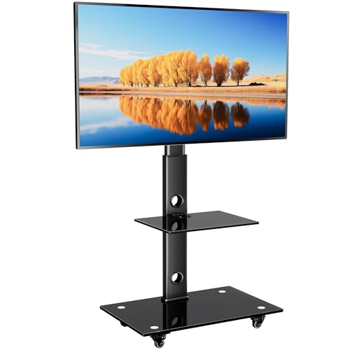 BONTEC TV Ständer Rollbar für 30-70 Zoll Plasma/LCD/LED TV bis 40 kg, Fernsehständer mit Rollen, 6 Höhenstufen und 2 Ablagen aus Gehärtetem Glas, Max. VESA 600x400 mm