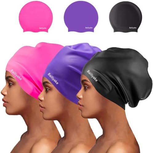 Bailiyake 3 Pack Extra Large Swim Cap for Braids and Dreadlocks，Waterproof Silicone Swim Cap for Women Men，Long Hair Swim Cap Swim Hat Cover Ear Bathing Shower Swimming Cap for Long Thick Curly Hair