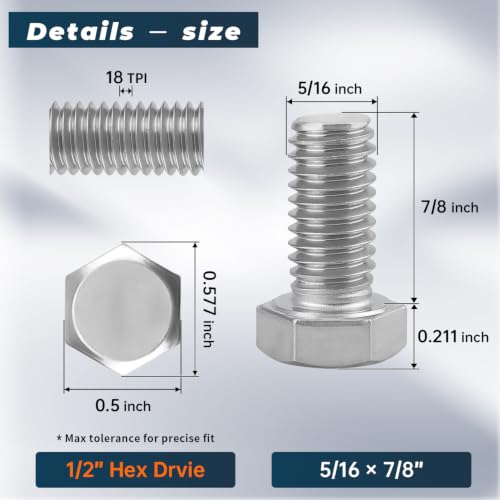 Image of 10 Sets Glvaner 5 /16-18 x 7 /8 inch Stainless Steel Hex Head Screws Bolts, Nuts, Flat & Lock Washers, 18-8 (304) Stainless Steel, Full Thread, Coarse Thread