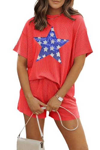 Image of Womens Pajama Sets 2 Piece Pjs Sleepwear Soft Comfy Short Sleeve Tops and Shorts Lounge Set Loungewear Outfit