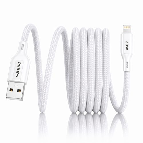 PHILIPS DLC4150VW/94 20W iPhone Original Type-A to Lightning Fast Charging Cable (1.5m, Bright White) | MFi Certified | 480Mbps | Nylon Braided | Compatible with iPhone & Other Lightning Devices