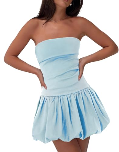 HYPERFIRE Women's Elegant Strapless Tube Bubble Mini Dress Bow Back Dresses Wedding Club Party