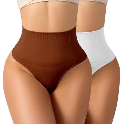 Anygirl Tanga moldeadora para mujer, ligera, control de abdomen, moldeador de cuerpo, sin costuras, ropa interior moldeadora de cintura media, bragas de tanga, Blanco y marrón, XL