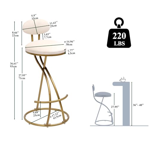 Set de 2 Butacos de Barra Modernos Altura de Mostrador, Color Dorado y Blanco Crema | Tapizados en Terciopelo, con Respaldo y Sin Brazos, para Hogar, Pub, Cocina, Isla y Bistro miniatura 2
