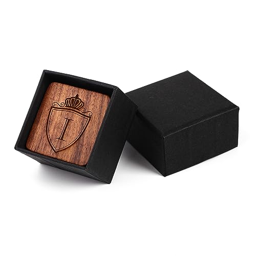 Image of Mens Initial Silver Cufflinks A-Z Alphabet Letter Steel Cuff Links with Engraved Walnut Wood Box Groom Groomsman Wedding Set