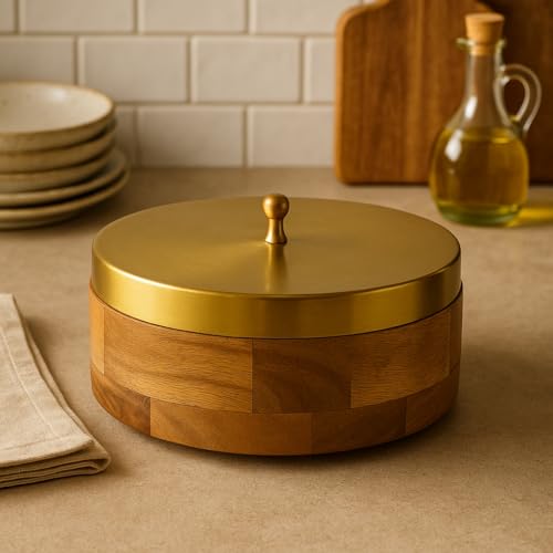 Image of D&G Homes Wooden Chapati Box Casserole | Kitchen Dabba With Lid | Dining Server For Rotis | Traditional Roti Storage Organizer | Durable And Elegant Design (wooden roti box)