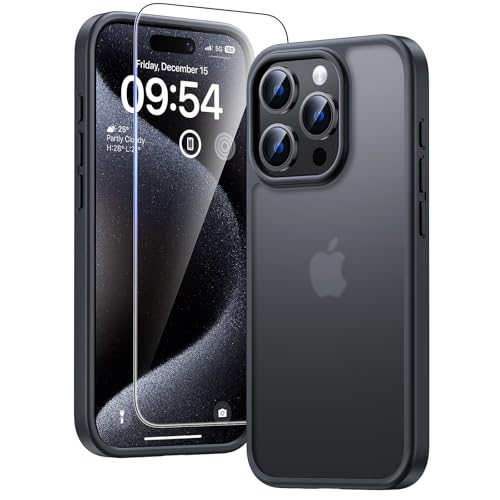 Image of TAURI for iPhone 15 Pro Max Case, with Screen Protector, Matte Black | Anti-Yellowing Military-Grade Protection Shockproof Slim Phone Case for iPhone 15 Pro Max