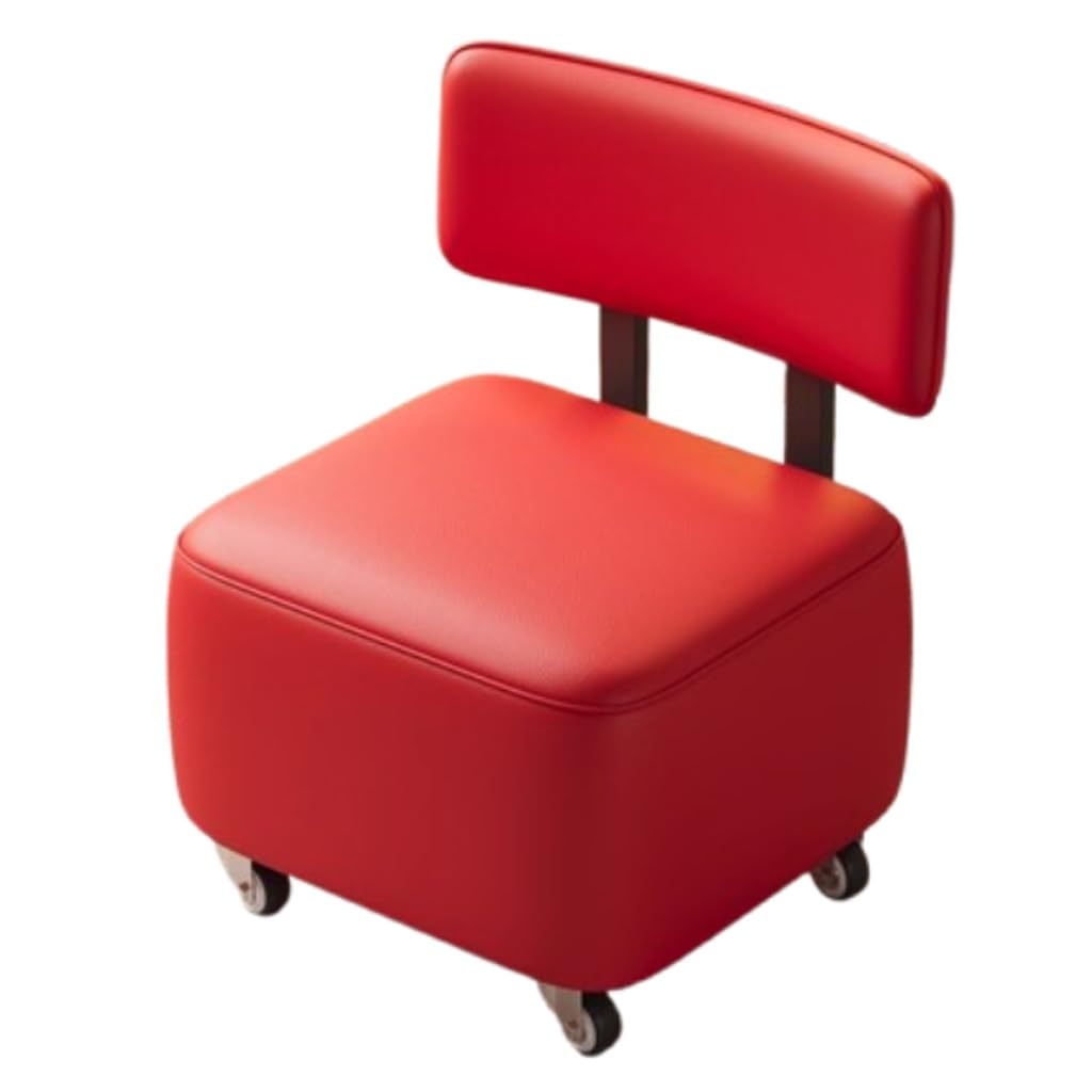 WDSOPK Rolling Sofa Stool Chair with Backrest,Faux Leather Ottoman Low Pulley Chair for Home,Portable Mini Shoe Stools Step Stools Footrest Stool with Wheels（Red）