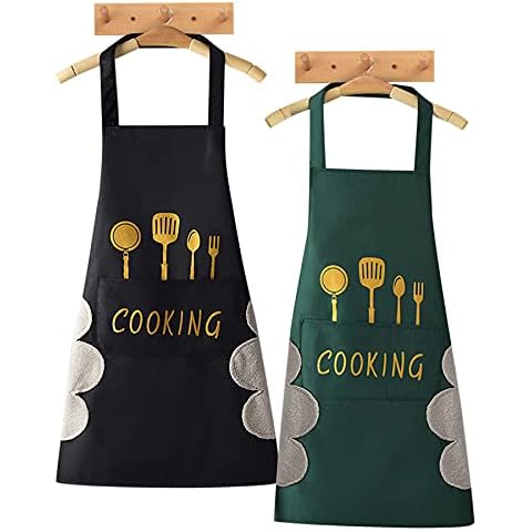 2 Pack Unisex Bib Apron With Hand Towel,Waterproof and Oil-Proof Thickened Cooking Aprons with 2 Pockets for Kitchen Cooking Baking Household Cleaning,White and Green Cover