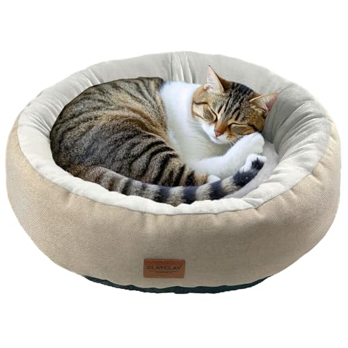 CLAYCLAY Cozy Round Cat Bed – Soft, Comfortable Cushion for Cats & Kittens – Non-Slip, Machine Washable, Plush Sleep Bed for Cats, Ideal for Resting & Napping (Linen & Medium)