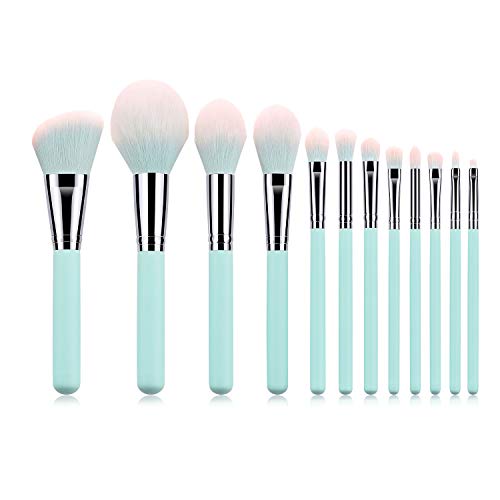 Makeup Brushes Set 12 Pieces Professional Cosmetic Makeup Brush Kit with Wooden Handle Synthetic Bristle for Face Powder Foundation Blending Eye Shadow Concealer Makeup Brush Bag (Light Blue)