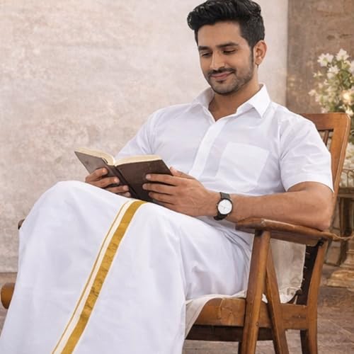 Image of Success Stationery White Dhoti for Men Cotton with Golden Zari Border | Lungi for Men Cotton | South Indian Veshti Pancha Panche | Kerala Mundu | 2 Meter | Single Layer Daily Wear Pooja Wedding