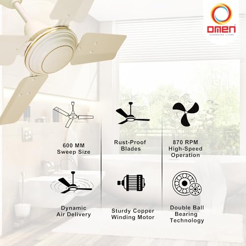 Image of Omen Changing Lives Durby 600 mm /24 inch Ceiling Fan | 900 RPM,Ultra High-Speed 4-Blade Decorative Fan | Energy-Efficient Performance | Powerful Air Delivery | 2-Year Warranty Pack of 2 (Ivory)