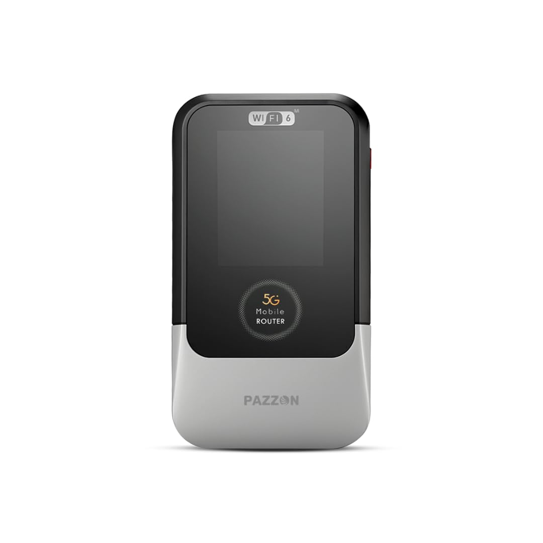 PAZZON 5Genius 5G Portable Wi-Fi Router | Connect 32 Devices | Unlocked for All 5G/4G SIM Cards | 8+ Hr Battery, WPA3 Security, USB-C Power/Data.