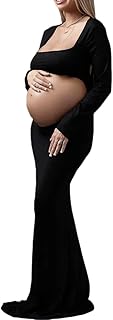 AIFOTO Maternity Dress Sexy Exposed Belly Long Sleeve Backless Square Neck Cutout Photography Dresses Womens Photoshoot Gowns