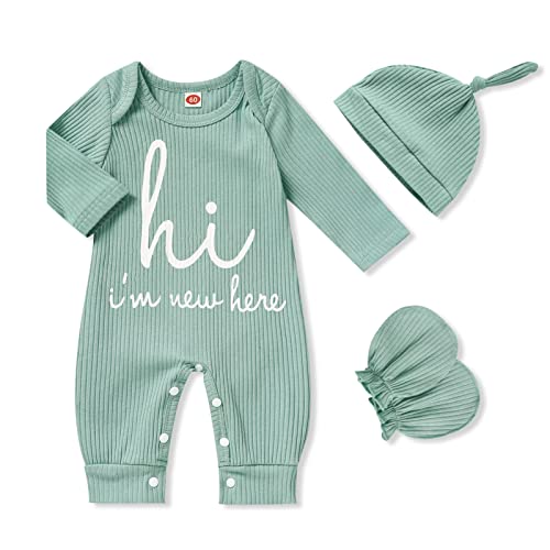 Image of GRNSHTS Newborn Baby Boy Romper Coming Home Outfits Letter Print Bodysuit Jumpsuit+Hat+Gloves 3PCS Clothes Set