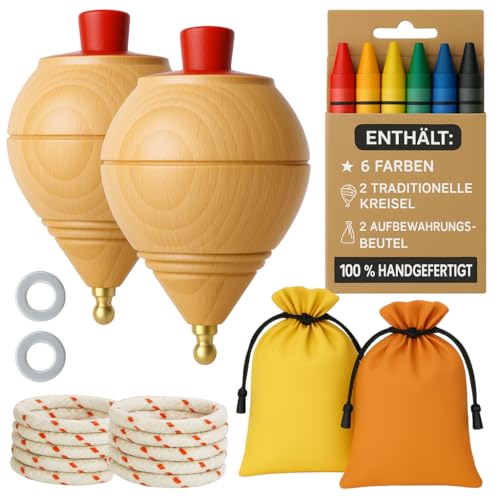 AF® - Kreisel Holz Set Mit 2 Kreiseln für Kinder + 6 Buntstifte | Personalisiere Deinen Traditionellen Holzkreisel